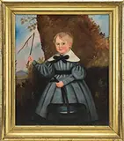 Unsigned, Boy in Blue Dress with Whip Holding Hat Having Landscape Background, Oil on canvas