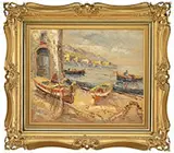 Signed, Coastline with Boats, Oil on canvas