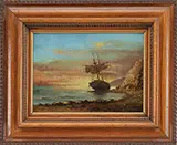 Unsigned, Beached Ship at Sunset, Oil on canvas