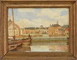 Unsigned, Dutch Harbor Scene, Oil on wood panel