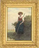 Henri von Saben, Country Girl Near Water, Oil on wood panel