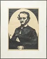 Two Prints by Signed Illegibly, 1) Block print Edgar Allen Poe with crow, offered Feb 2014