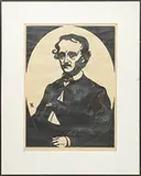 Signed Illegibly, Two Prints, 1) Block print Edgar Allen Poe with crow