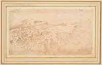 Landscape Sketch by Unsigned, Ink on paper mounted to light stock Contained within a light matte, offered Aug 2013