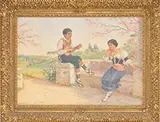 Luigi Olivetti, Serenading a Girl at the “Villa Adriana, Watercolor