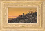 Henry Farny, Figure with Rifle in Landscape at Sunset, Oil on canvas