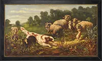 Susan Waters, Sheep, Dog and Rabbit in Landscape, Oil on canvas