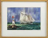 Ludlow Thorston, Rounding the Buoy, Fine watercolor shows a two mast schooner passing the buoy at the end of a rocky point