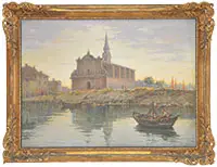 Étienne Mein, Church Beside River, Oil on canvas