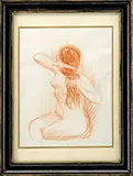Unsigned, Nude Brushing Her Hair, Sanguine on paper study of a nude woman seated combing her hair