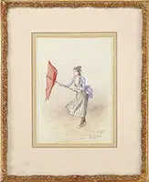 Léon Girardet, Maid in Storm with Umbrella, Watercolor on paper