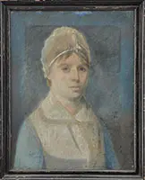 Half Portrait of Martha J by Unsigned, DECOSTA DAVIS. Pastel on canvas half portrait shows a young woman with lace bonnet, white dress with blue sleeves, offered Aug 2013