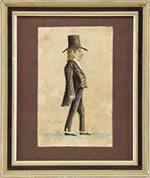 Man with Top Hat by Jacob Maentel, Watercolor on paper side view of a man in formal black tux with tall stovepipe black hat, offered Aug 2013