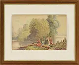Jules Georges Pascal, French Women River Fishing, Watercolor