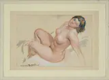 Fernand-Albert Renault, Female Nude Study, Watercolor and oil on paper Affixed to a backing mat, loosely housed in a wood frame with ivory mat without glass