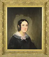 Henry P Bryant, Portrait of a Young Girl with Ringlets, Oil on panel half length portrait of a young lady wearing a black dress, lace collar and pink bow
