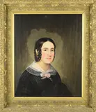 Henry P Bryant, Portrait of a Young Girl with Ringlets, Oil on panel half length portrait of a young lady wearing a black dress, lace collar and pink bow