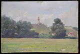 Abbott Fuller Graves, Landscape with Lighthouse and Fort, Oil on board