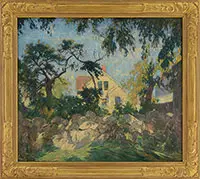 William Lester Stevens, Gloucester Farm House with Stone Wall, Oil on canvas
