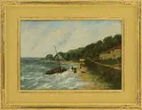 Harry Aiken Vincent, Coastal Scene with Figures on Beach with Fishing Boat, Oil on canvas