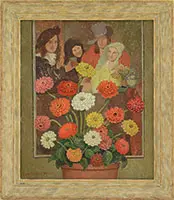 Emma Fordyce MacRae, Zinnias with Vermeer Print, Oil on Masonite