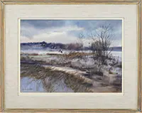 Don Stone, Winter Landscape with Geese in Flight, Watercolor