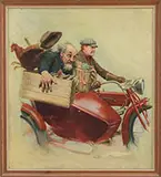 Robert Robinson, Humorous Illustration of an Old Gentleman Riding in a Sidecar, Oil on canvasboard