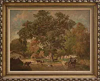 Léon-Victor Dupré, French Farmyard with Cows and Horse Drawn Plow, Oil on canvas laid down on Masonite panel