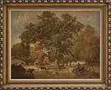 Léon-Victor Dupré, French Farmyard with Cows and Horse Drawn Plow, Oil on canvas laid down on Masonite panel