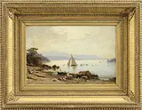 Hermann David Saloman Corrodi, Italian Landscape with Lake, Mountains, and Fishermen, Oil on canvas