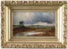 Windmill at Bridgehampton by Thomas Moran, Oil on board scene shows windmill on left side with grassy marsh and threatening sky, offered Nov 2004