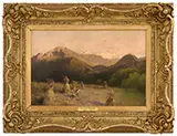 Hermann Herzog, Harvesting the Wheat with Mountain Backdrop, Oil on canvas