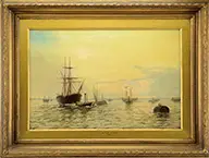 Edward Henry Eugene Fletcher, Ships in Harbor at Sunrise, Oil on canvas