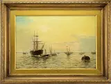 Edward Henry Eugene Fletcher, Ships in Harbor at Sunrise, Oil on canvas
