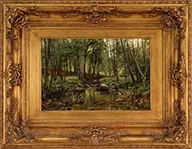 Peder Mork Monsted, Three Deer in Wooded & Stream Landscape, Oil on canvas