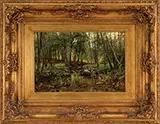 Peder Mork Monsted, Three Deer in Wooded & Stream Landscape, Oil on canvas