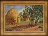 Paul Emile Pissaro, Two Children Harvesting the Tree with Haystacks Beside, Oil on wood panel