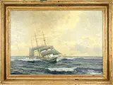 Michael Zeno Diemer, Clipper Ship Cutting Through Rough Seas, An oil on canvas depicting a three masted clipper ship caught between large waves, travelling towards the right
