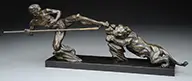 P Berjean, Chasse Au Lion, Bronze on marble base signed at base on rock plinth
