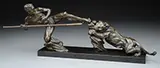 P Berjean, Chasse Au Lion, Bronze on marble base signed at base on rock plinth