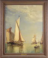 Paul Jean Clays, Fishing Boats on Still Water, Oil on mahogany wood panel