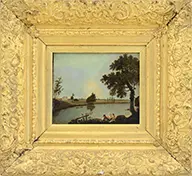 Landscape with Three Figures Fishing from the Bank by Richard Wilson, Oil on mahogany panel, offered Aug 2015