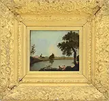 Richard Wilson, Landscape with Three Figures Fishing from the Bank, Oil on mahogany panel