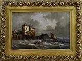 Charles Kuwasseg, Stormy French Harbor, Oil on canvas laid down on board