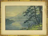 W. Kato, Figures Beside Water at the Foot of Mt, FUJI. Watercolor on paper