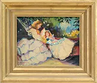 Susan Miller Chase, Mother and Daughter Relaxing in the Garden, Oil on board