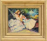 Susan Miller Chase, Mother and Daughter Relaxing in the Garden, Oil on board