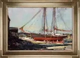 Robert Charles Gruppe, Fitting Out the Schooner, Large oil on canvas scene shows a large two-mast schooner at dry dock with several figures beside working on its hull