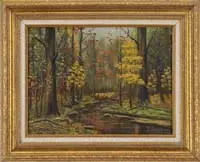 Woodland Stream in Autumn by William Chadwick, Oil on canvasboard late autumn scene shows a winding stream through woods with late fall colors, offered Feb 2010