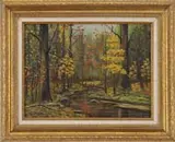 William Chadwick, Woodland Stream in Autumn, Oil on canvasboard late autumn scene shows a winding stream through woods with late fall colors